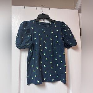 LOFT Navy Blue Top with Lemon Print